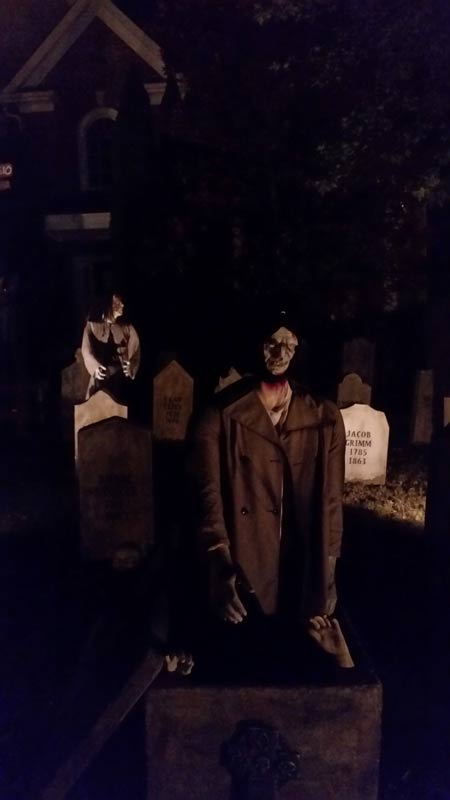 Night View Halloween Graveyard with PennyWise Clown and Wolf Creature in Fog