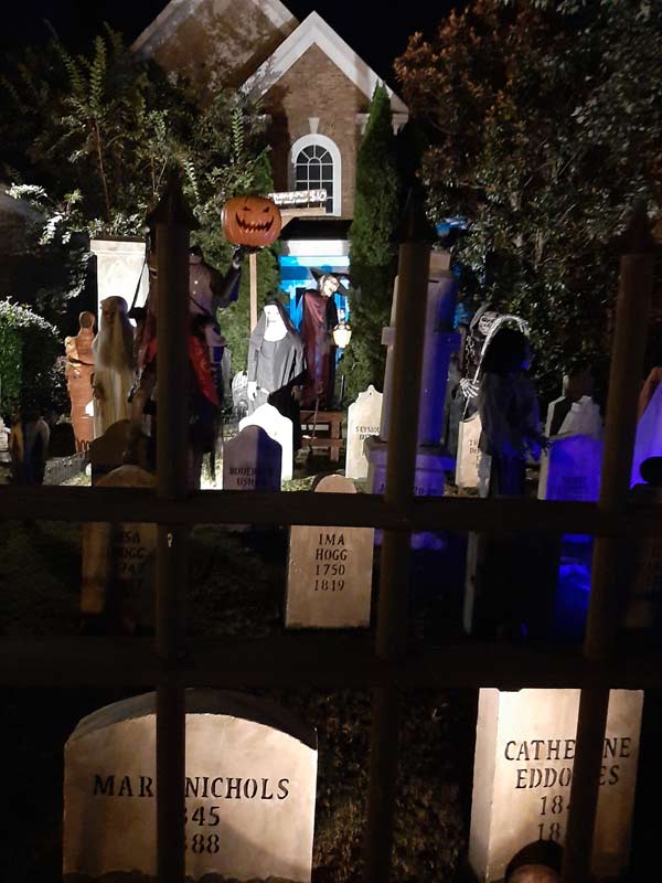 Night View of Side Halloween Graveyard Cemetery with Tombstones