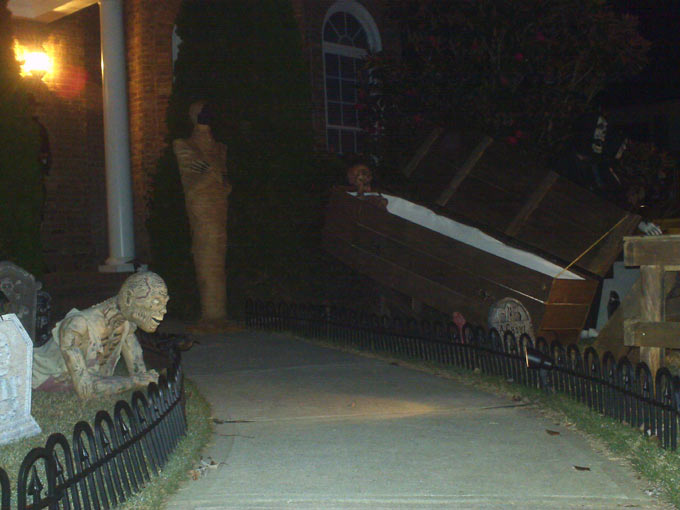 Night View of Graveyard Death Crawler Ghoul Mummy and Corpse in Coffin