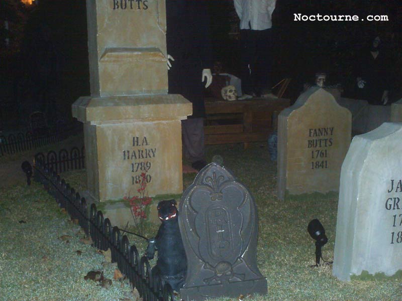 Night View of our Halloween Graveyard Skull Orchard Cemetery with Large Rat