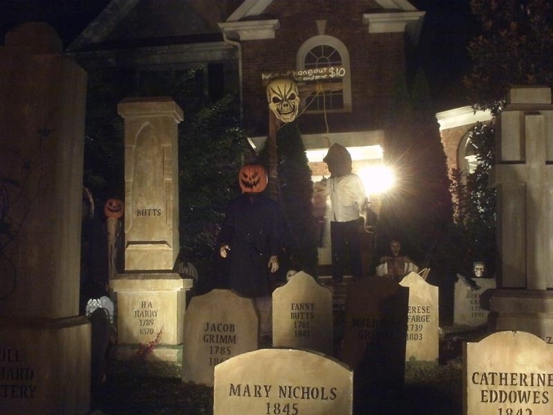 Night View Halloween Graveyard with Gallows Executioner, Mary Nichols, Catherine Eddowes, Jacob & Wilhelm Grimm Fanny Butts, Therese DeFarge and Cross Grave Markers