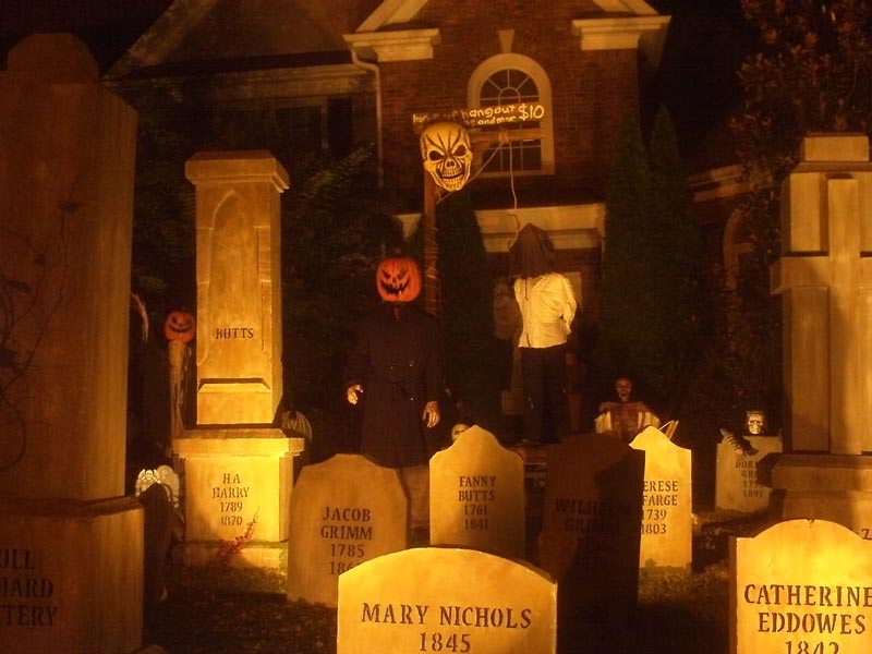 Haunted View Halloween Graveyard with Gallows Executioner, Mary Nichols, Catherine Eddowes, Jacob & Wilhelm Grimm Fanny Butts, Therese DeFarge and Cross Grave Markers