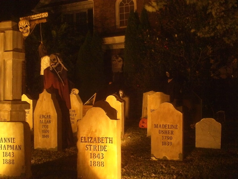 Night View Halloween Graveyard Cemetery Annie Chapman. Elizabeth Stride, Edgar Allan Poe, Madeline Usher Head Stones with Ghoul