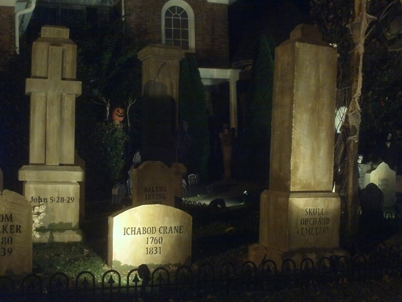 Night View Halloween Graveyard Skull Orchard Cemetery Ichadod Crane Mummy in Background