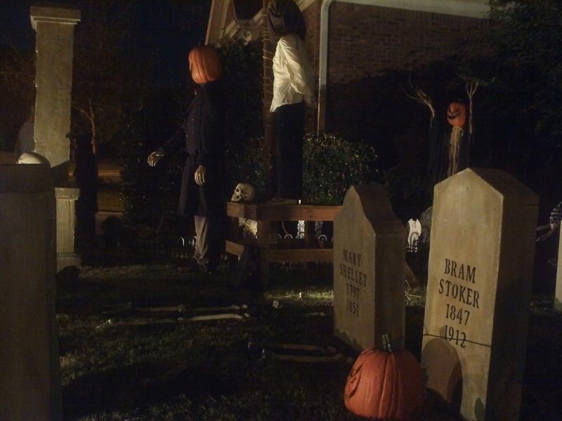 Night View Halloween Graveyard Cemetery with Gallows Executioner Mary Shelley & Bram Stoker