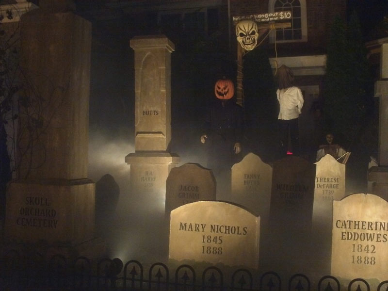 Halloween Night View of Graveyard Skull Orchard Cemetery