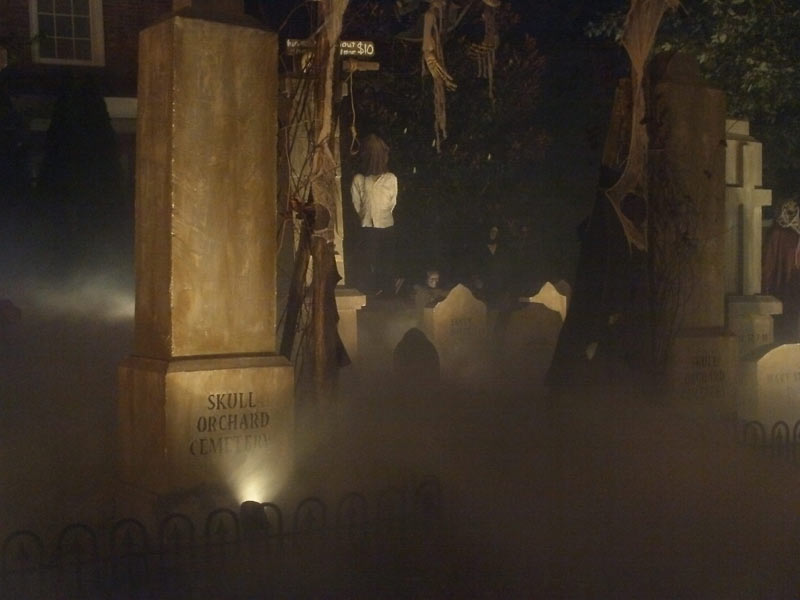 Night View of Halloween Graveyard Entrance Bat Skeleton Skull Orchard Cemetery