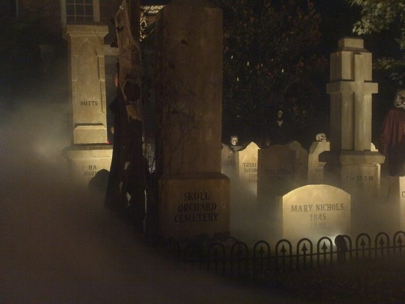 Haunted View Halloween Graveyard with Gallows Executioner, Mary Nichols, Catherine Eddowes, Jacob & Wilhelm Grimm Fanny Butts, Therese DeFarge and Cross Grave Markers