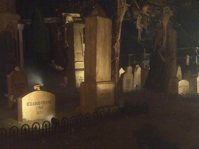 Night View Halloween Graveyard Cemetery with Gallows Executioner Plus Various Grave Yard Ghouls