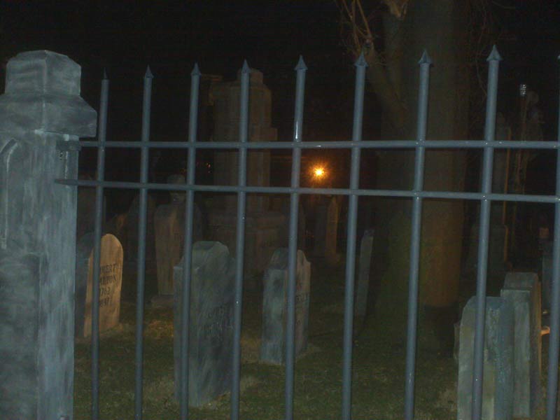 Night View Halloween Graveyard Cemetery Annie Chapman. Elizabeth Stride, Edgar Allan Poe, Madeline Usher Head Stones with Ghoul
