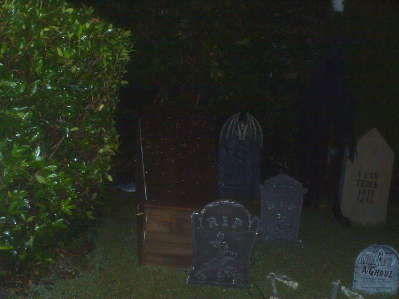Night View of Halloween Graveyard Entrance Banner Bat Skeleton Skull Orchard Cemetery Plus Scarecrow