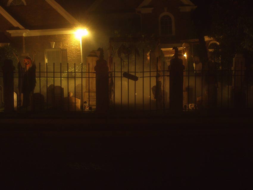 Night View of Halloween Graveyard Cemetery with Crypt Ghoul Bram Stoker Head Stone