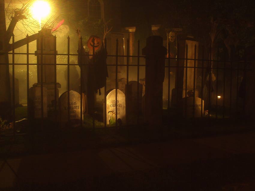 Night View of Halloween Graveyard Entrance Banner Bat Skeleton Skull Orchard Cemetery Plus Scarecrow