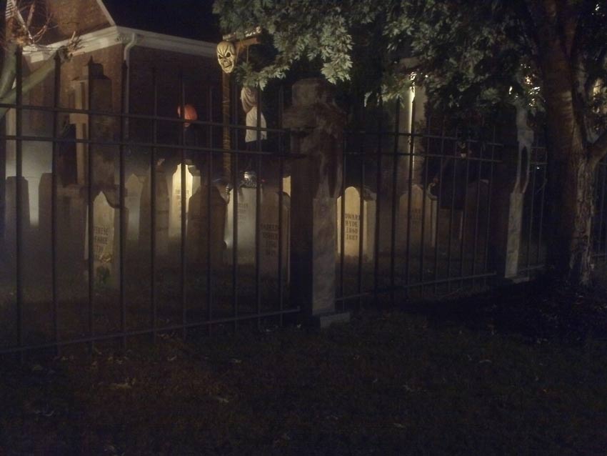 Haunted View Halloween Graveyard with Gallows Executioner, Mary Nichols, Catherine Eddowes, Jacob & Wilhelm Grimm Fanny Butts, Therese DeFarge and Cross Grave Markers