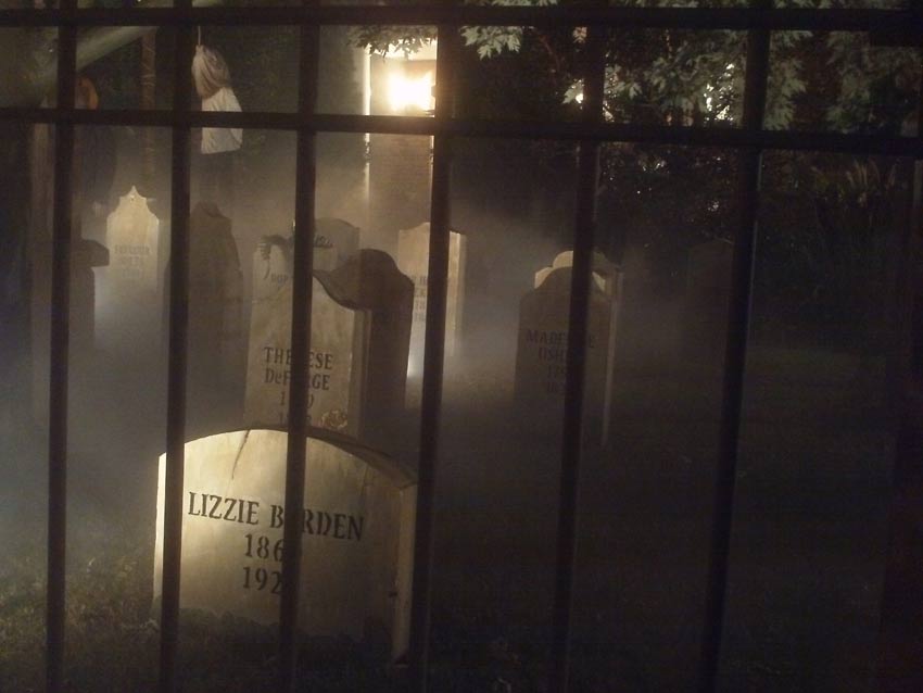 Night View Halloween Graveyard Cemetery Annie Chapman. Elizabeth Stride, Edgar Allan Poe, Madeline Usher Head Stones with Ghoul