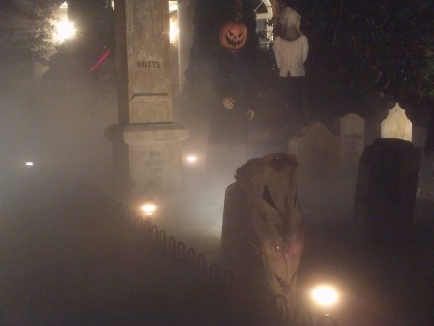 Night View Halloween Graveyard Skull Orchard Cemetery Ichadod Crane Mummy in Background