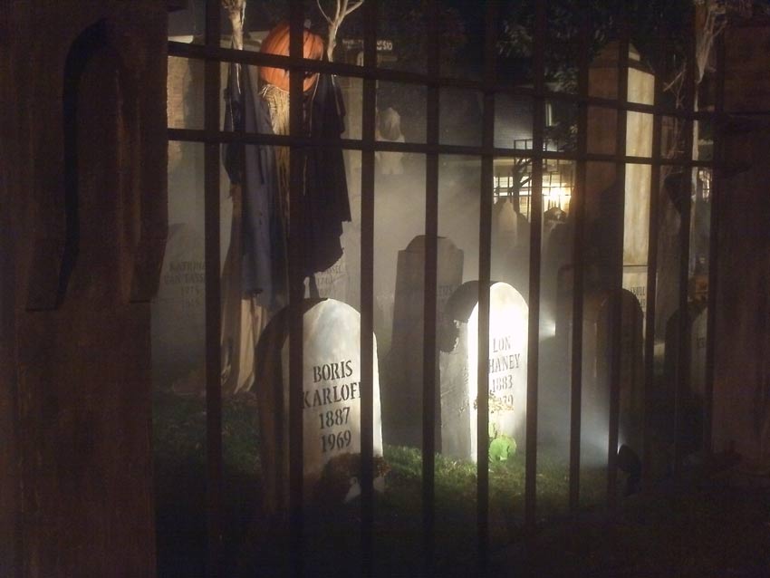 Night View Halloween Graveyard Cemetery with Sleepy Hollow Scarecrow and Black Spectre