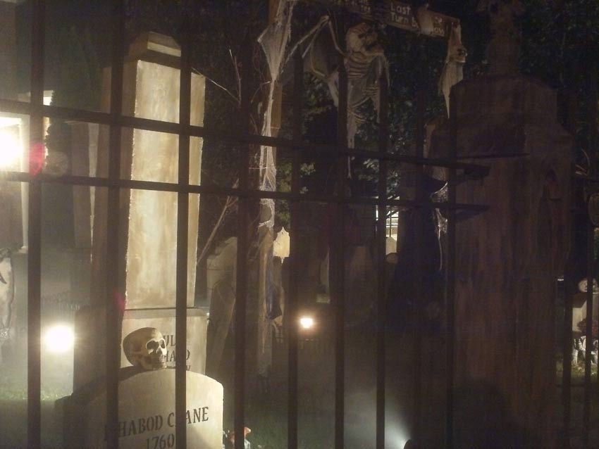 Night View of Halloween Graveyard Cemetery with Crypt Ghoul Bram Stoker Head Stone