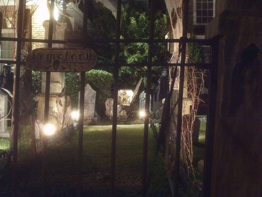 Night View Halloween Graveyard with Gallows Executioner, Mary Nichols, Catherine Eddowes, Jacob & Wilhelm Grimm Fanny Butts, Therese DeFarge and Cross Grave Markers