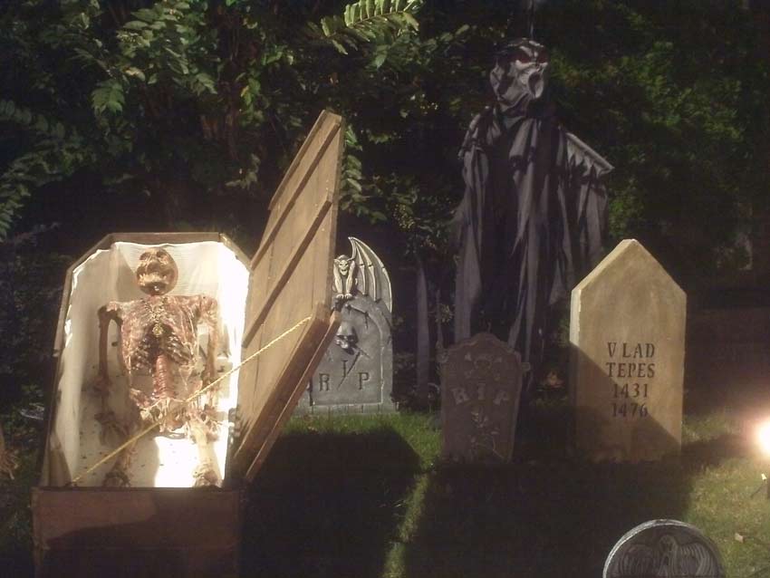 Haunted View Halloween Graveyard with Gallows Executioner, Mary Nichols, Catherine Eddowes, Jacob & Wilhelm Grimm Fanny Butts, Therese DeFarge and Cross Grave Markers