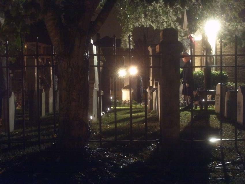 Night View of Halloween Graveyard Entrance Banner Bat Skeleton Skull Orchard Cemetery Plus Scarecrow