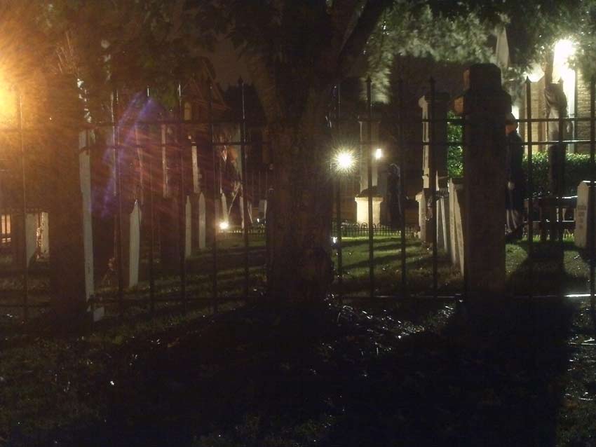 Night View of Halloween Graveyard Entrance Bat Skeleton Skull Orchard Cemetery and Scarecrow