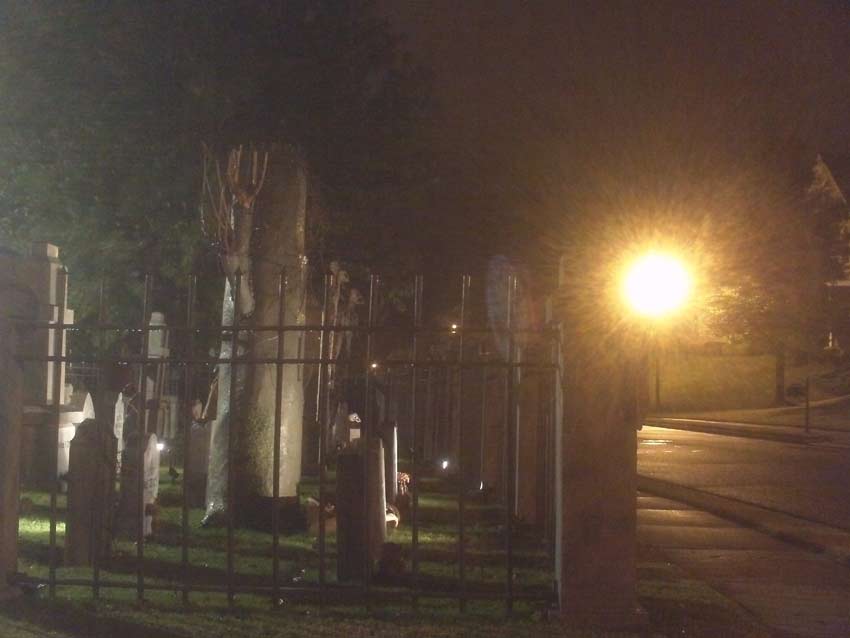 Night View Halloween Graveyard Cemetery with Gallows Executioner Mary Shelley & Bram Stoker