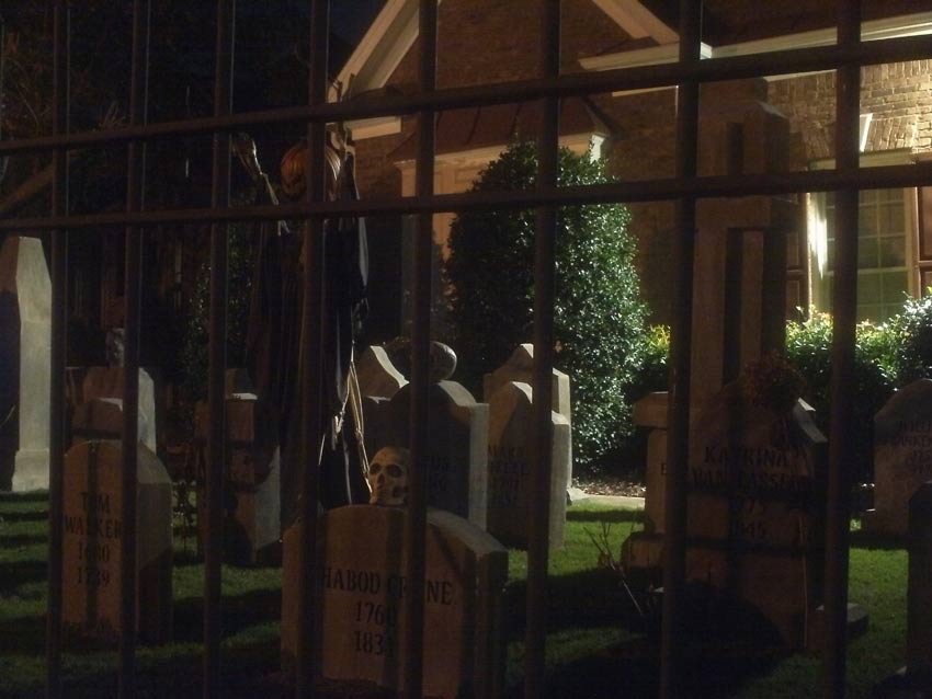 Night View of Side Halloween Graveyard Cemetery with Tombstones