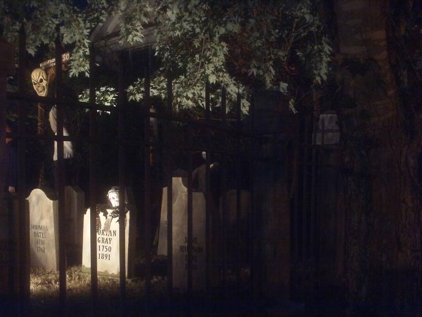Night View of Front Gate Entrance to Halloween Graveyard Cemetery