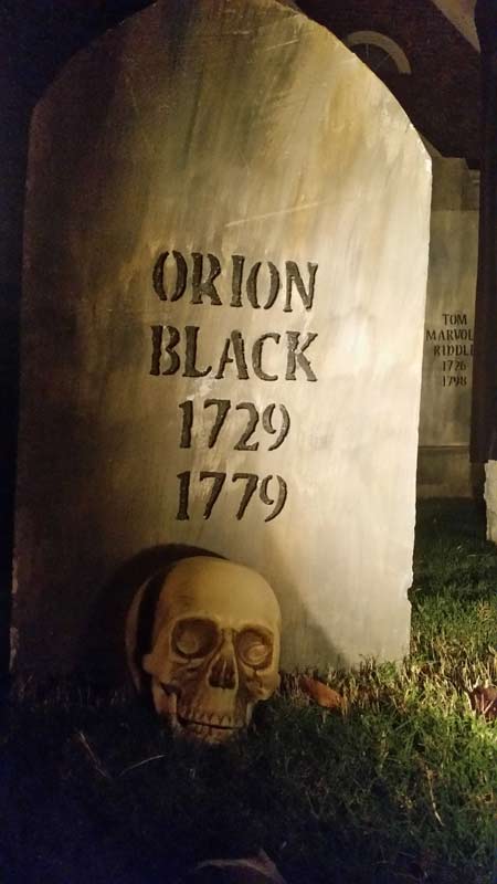Haunted View Halloween Graveyard with Gallows Executioner, Mary Nichols, Catherine Eddowes, Jacob & Wilhelm Grimm Fanny Butts, Therese DeFarge and Cross Grave Markers