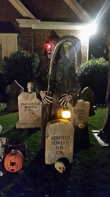 Night View Halloween Graveyard with PennyWise Clown and Wolf Creature in Fog