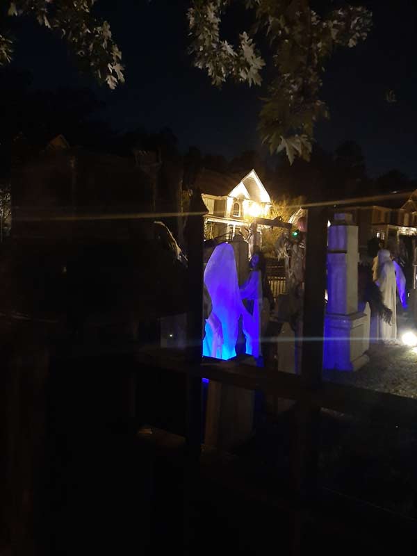Night View Halloween Graveyard with PennyWise Clown and Wolf Creature in Fog