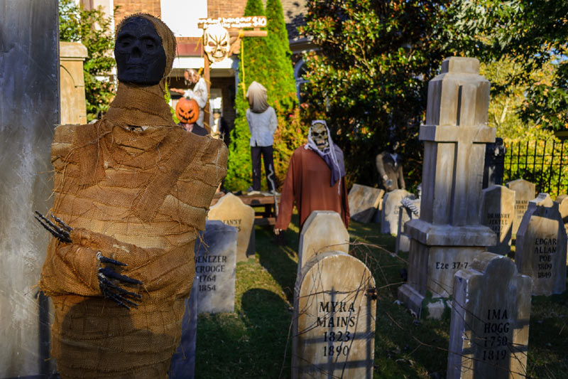 Halloween Graveyard Skull Orchard Cemetery The Mummy, Ghoul, Gallows and Cross Tombstones