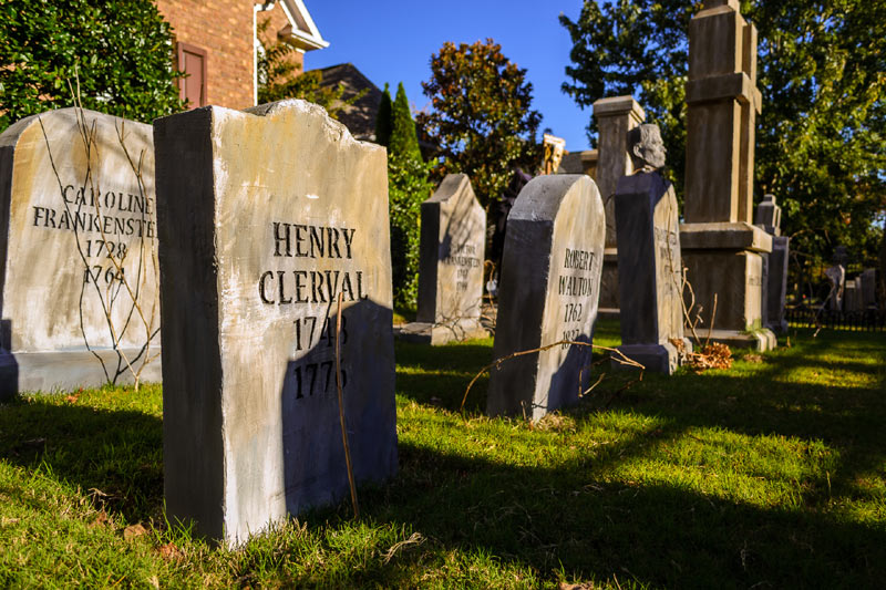 Haunted View Halloween Graveyard with Gallows Executioner, Mary Nichols, Catherine Eddowes, Jacob & Wilhelm Grimm Fanny Butts, Therese DeFarge and Cross Grave Markers