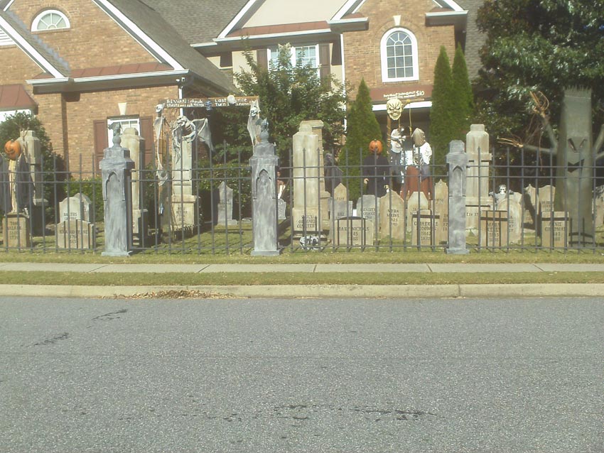 Night View of Halloween Graveyard Entrance Banner Bat Skeleton Skull Orchard Cemetery Plus Scarecrow
