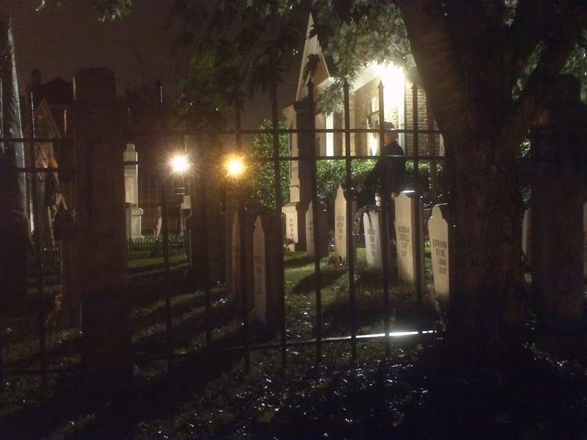 Night View of Halloween Graveyard Entrance Banner Bat Skeleton Skull Orchard Cemetery Plus Scarecrow