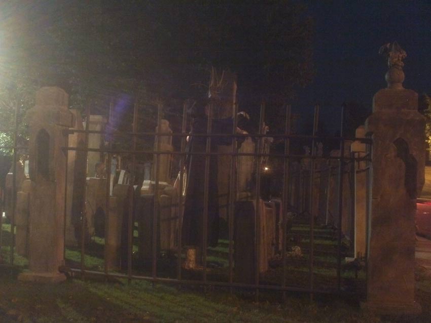 Night View of Side Halloween Graveyard Cemetery with Tombstones