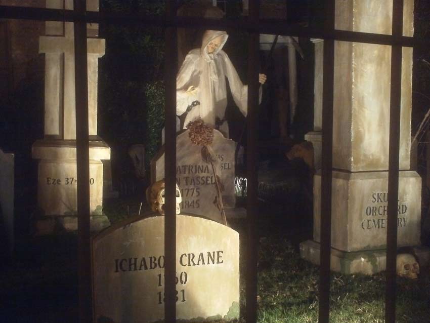 Haunted View Halloween Graveyard with Gallows Executioner, Mary Nichols, Catherine Eddowes, Jacob & Wilhelm Grimm Fanny Butts, Therese DeFarge and Cross Grave Markers