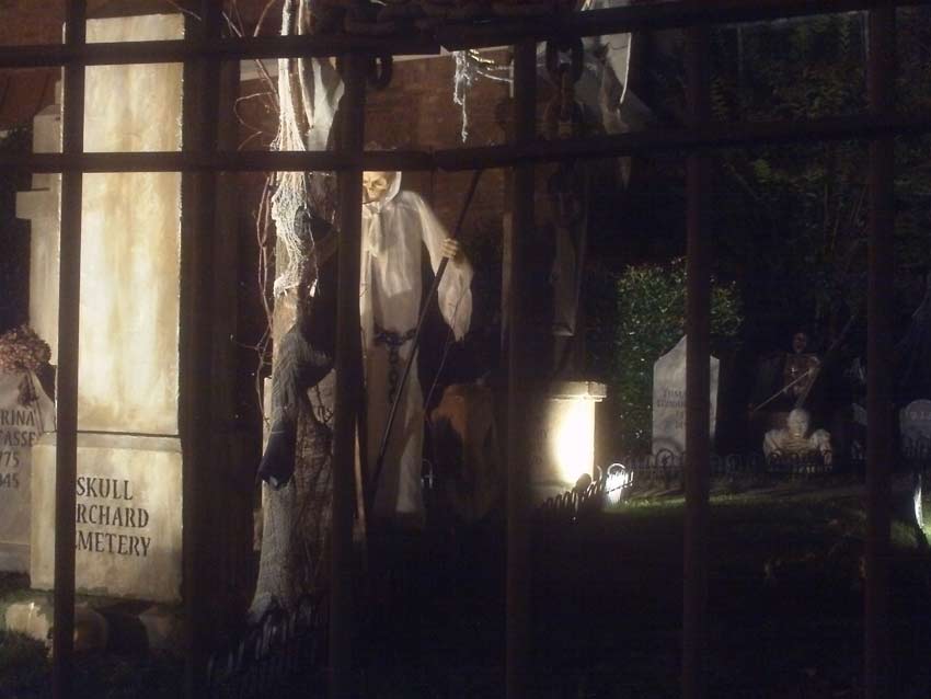Night View Halloween Graveyard with PennyWise Clown and Wolf Creature in Fog