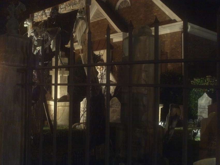 Night View Halloween Graveyard with PennyWise Clown and Wolf Creature in Fog