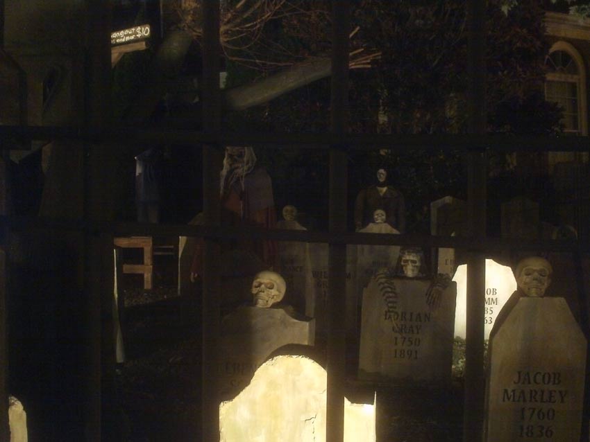 Night View of Front Gate Entrance to Halloween Graveyard Cemetery