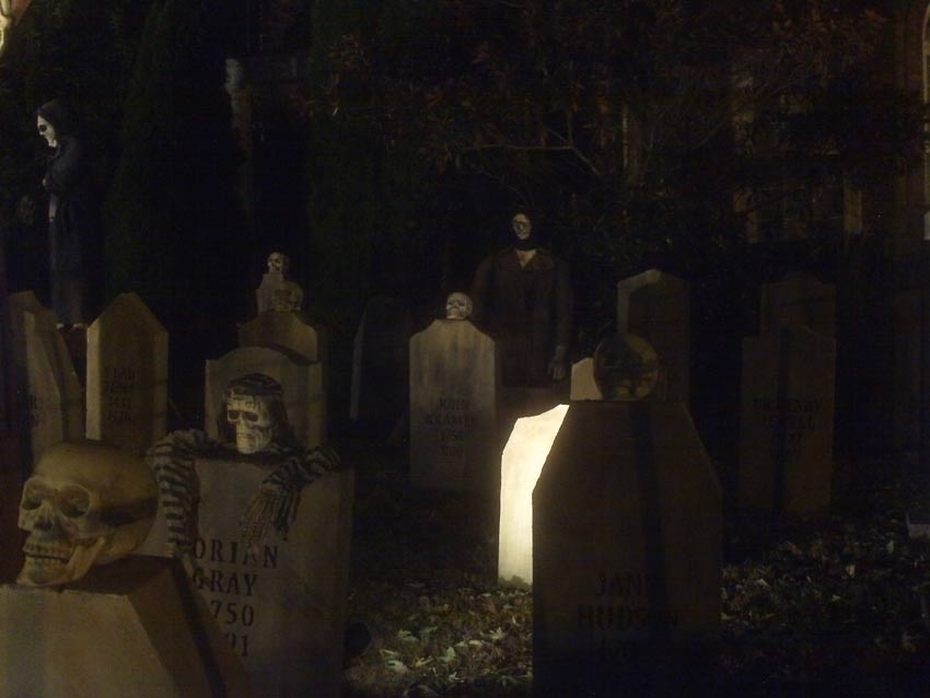 Night View Halloween Graveyard with PennyWise Clown and Wolf Creature in Fog