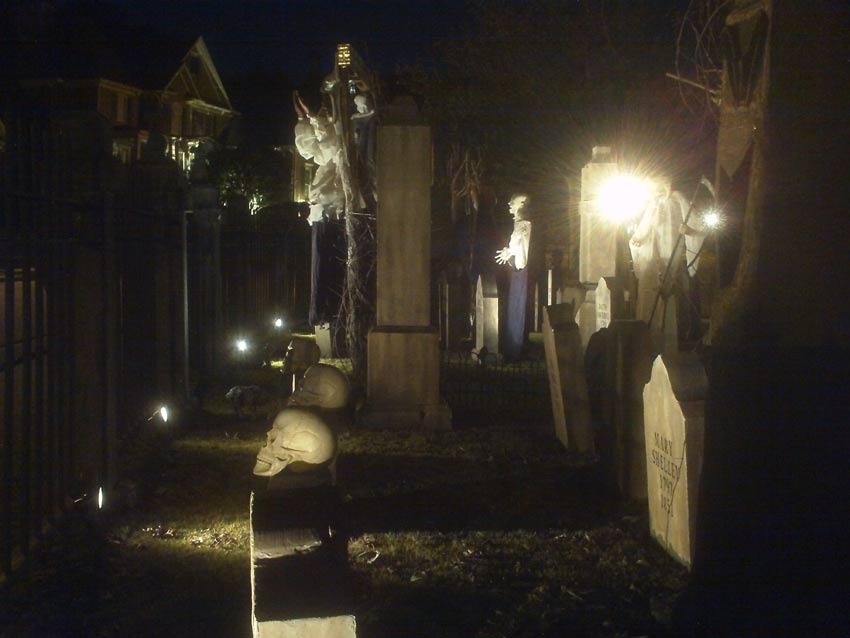 Night View Halloween Graveyard with PennyWise Clown and Wolf Creature in Fog