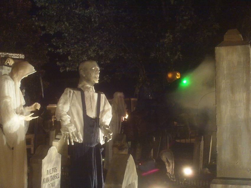 Haunted View Halloween Graveyard with Gallows Executioner, Mary Nichols, Catherine Eddowes, Jacob & Wilhelm Grimm Fanny Butts, Therese DeFarge and Cross Grave Markers