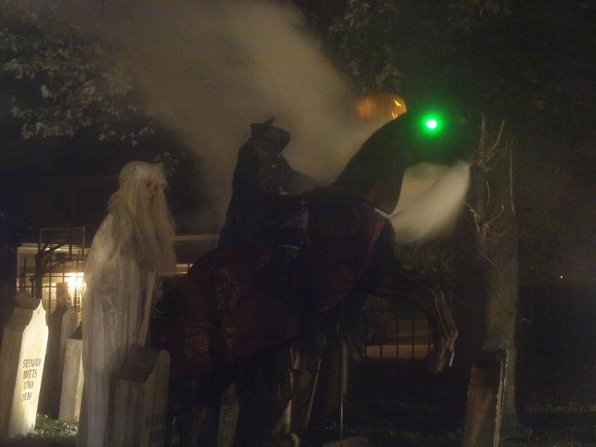 Night View Halloween Graveyard with PennyWise Clown and Wolf Creature in Fog