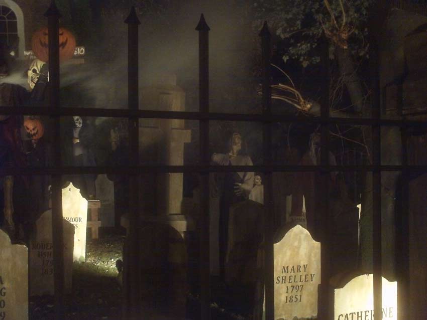 Night View of Side Halloween Graveyard Cemetery with Tombstones